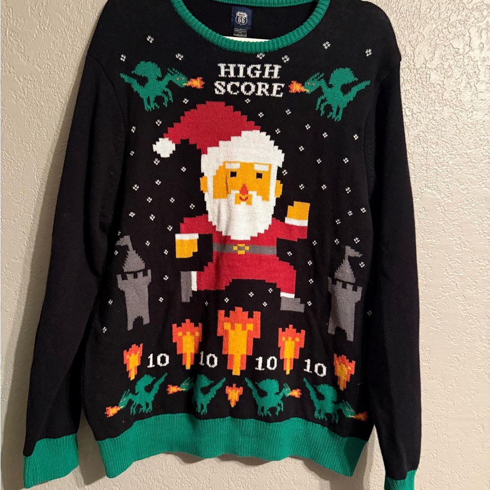 Route 66 Santa Gamer Sweater - Black and Green Size XL